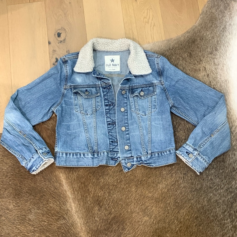Old Navy Sherpa Jean Jacket Western Distressed Large L Denim